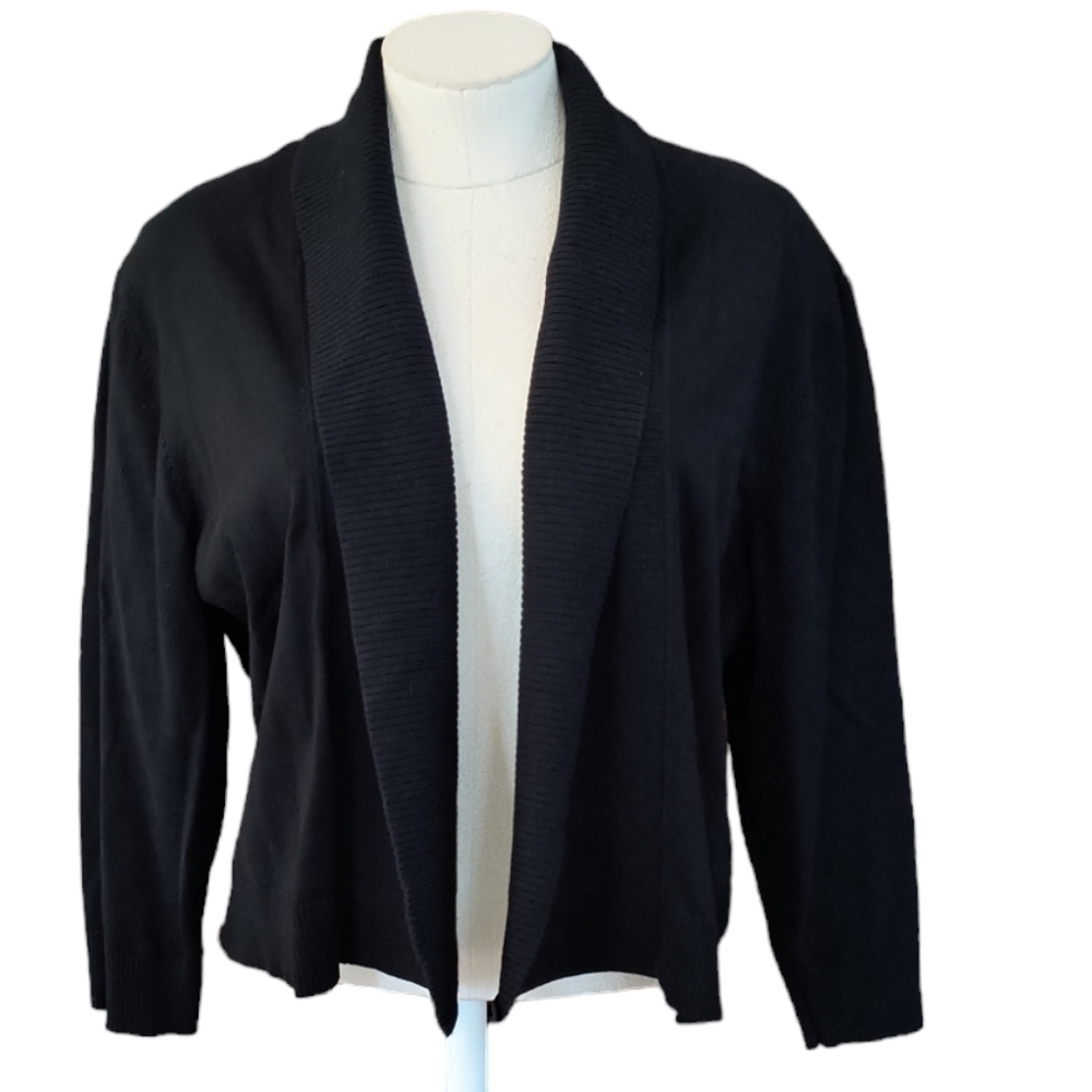 Calvin Klein Black Silk Blend Open Front Shawl Collar Knit Shrug Cardiga…